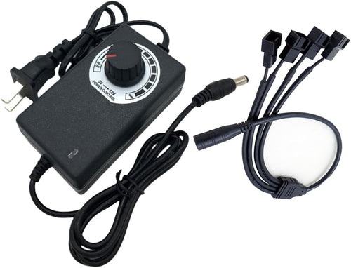 12V PC Fan Speed Controller, Fan Power Supply 100-240V AC to 3-12V DC 36W Adjustable, with Fan Splitter Cable 4X 3pin or 4pin Connector AC DC Adapter