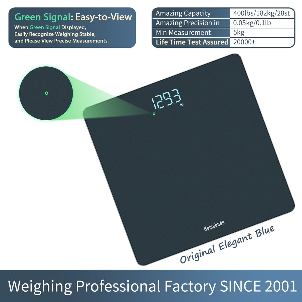 Homebuds Bathroom Scale for Body Weight, High Precision 0.1lb by Professional Factory Since 2001, Weight Scale LED Display and Step-On, 3*AAA Batteries Included, 400lb/182kg, Blue