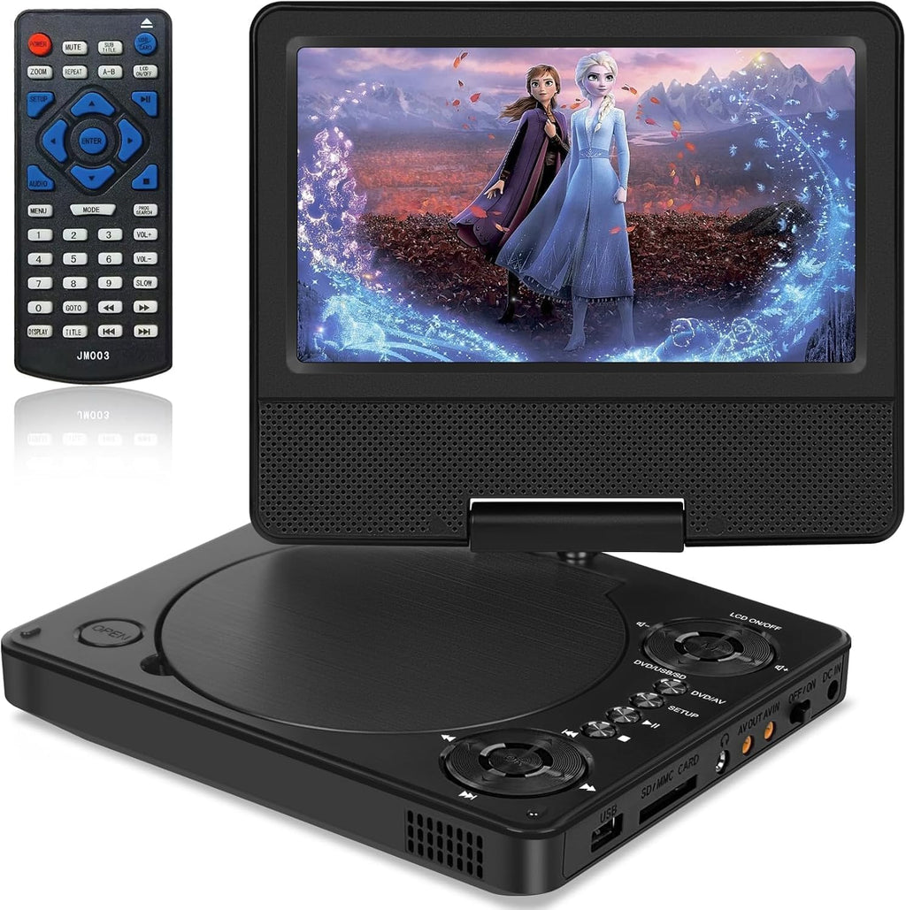HOPYOP 9" Portable DVD Player for Kids and Car, 7" Swivel Screen with 4-6 Hours Built-in Battery, Car DVD Player with Dual Speakers, Support Sync Screen to TV, USB/SD/Multiple Disc Formats