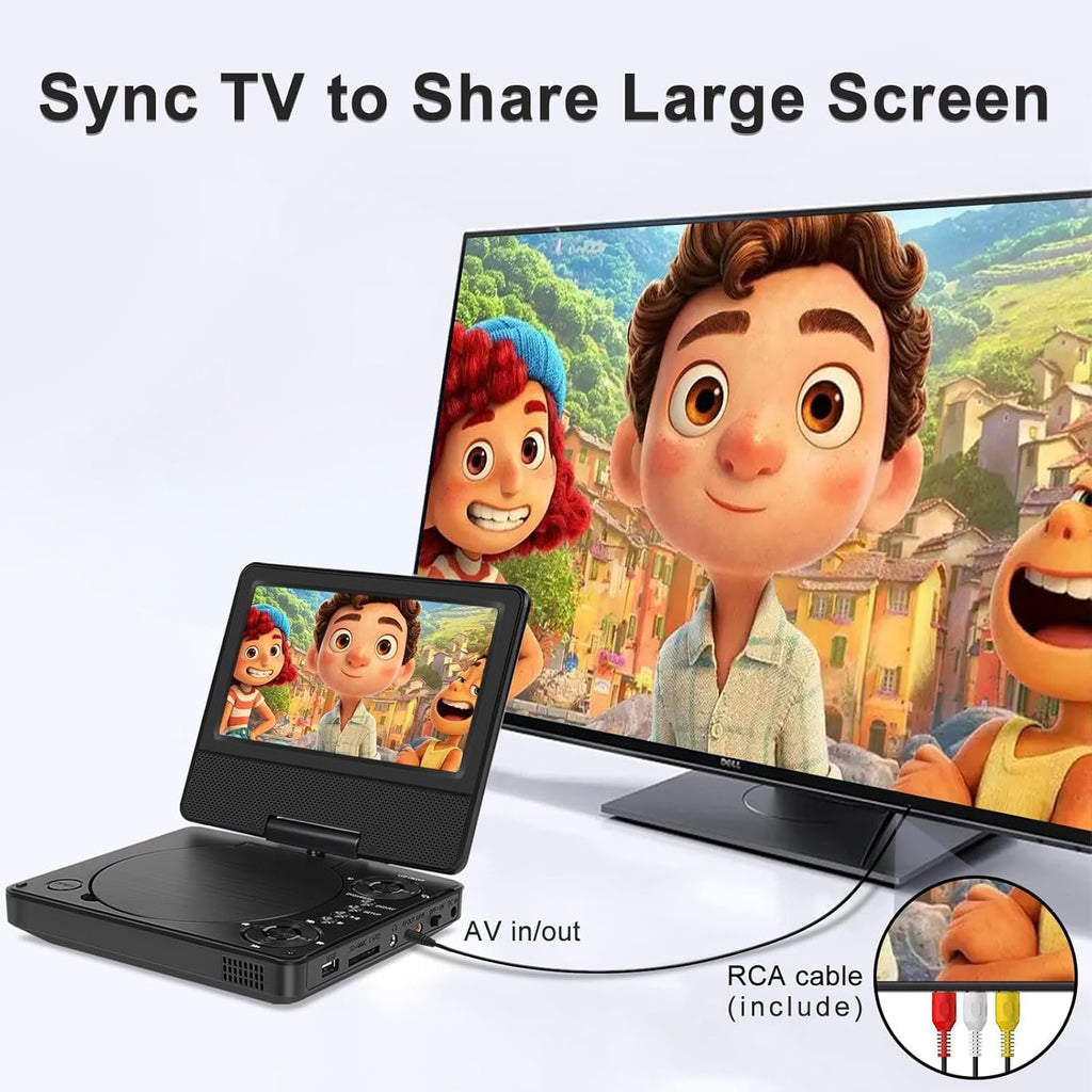 HOPYOP 9" Portable DVD Player for Kids and Car, 7" Swivel Screen with 4-6 Hours Built-in Battery, Car DVD Player with Dual Speakers, Support Sync Screen to TV, USB/SD/Multiple Disc Formats
