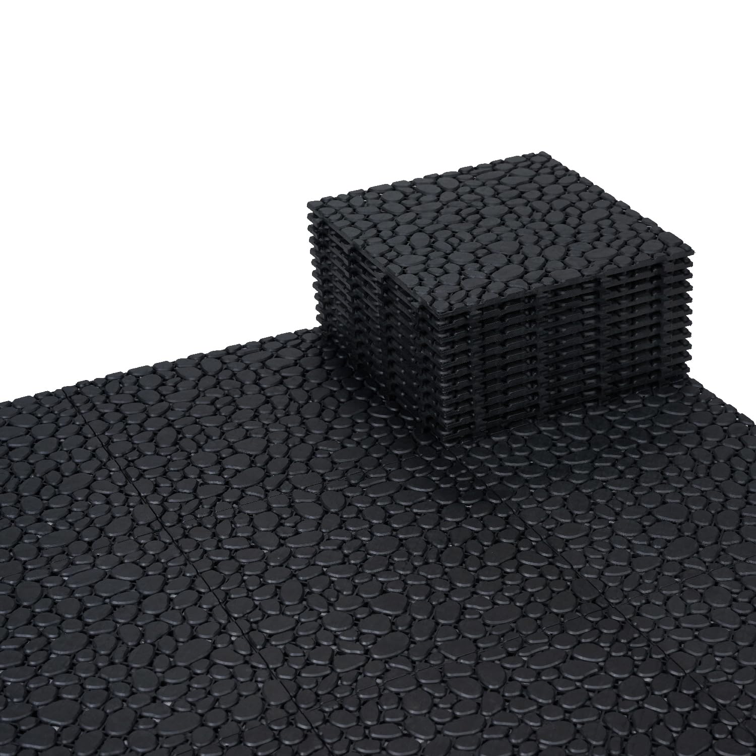 BEEFURNI Plastic Interlocking Cobbled Stone Tile (12PCS) 12" x 12", Patio Tiles Outdoor Waterproof Non Slip, Interlocking Drainage Tiles for Pool, Basement, Shower, Bathroom, Backyard, Garden (Gray)
