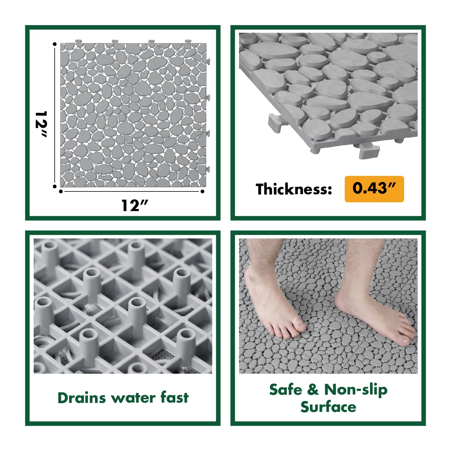 BEEFURNI Plastic Interlocking Cobbled Stone Tile (12PCS) 12" x 12", Patio Tiles Outdoor Waterproof Non Slip, Interlocking Drainage Tiles for Pool, Basement, Shower, Bathroom, Backyard, Garden (Gray)