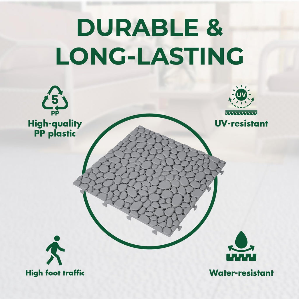 BEEFURNI Plastic Interlocking Cobbled Stone Tile (12PCS) 12" x 12", Patio Tiles Outdoor Waterproof Non Slip, Interlocking Drainage Tiles for Pool, Basement, Shower, Bathroom, Backyard, Garden (Gray)