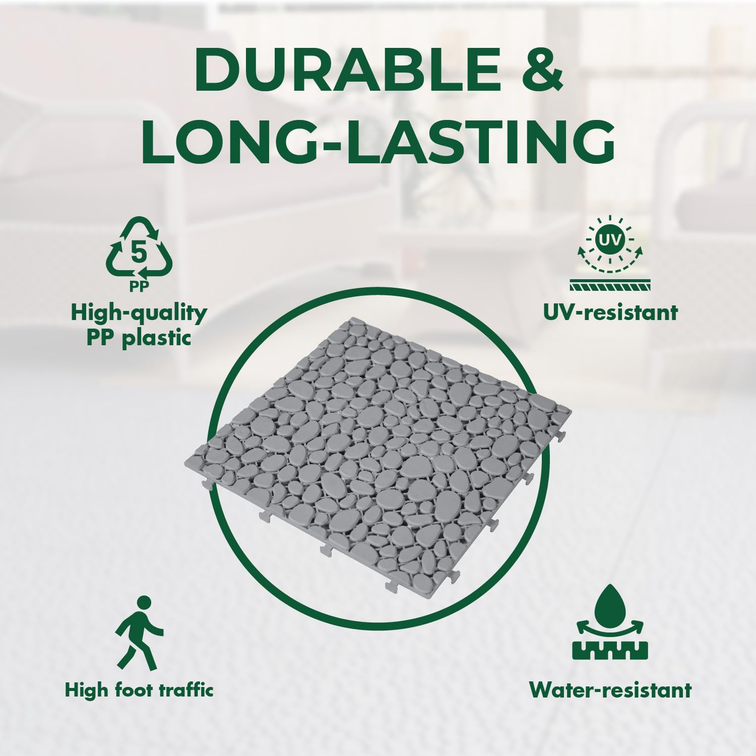 BEEFURNI Plastic Interlocking Cobbled Stone Tile (12PCS) 12" x 12", Patio Tiles Outdoor Waterproof Non Slip, Interlocking Drainage Tiles for Pool, Basement, Shower, Bathroom, Backyard, Garden (Gray)