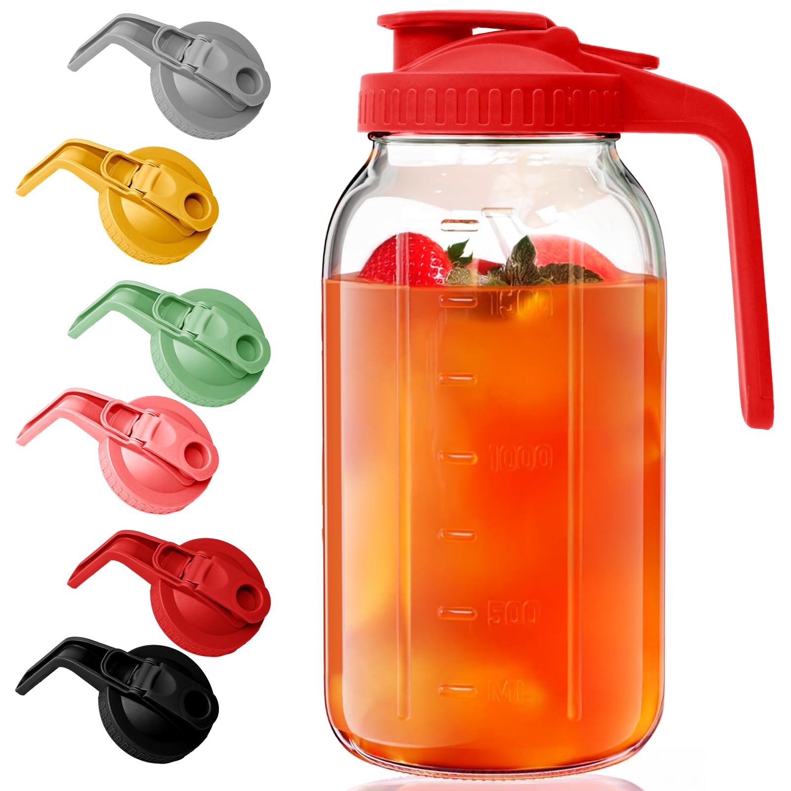 Glass Mason Jar Pitcher - 64 oz/2 Quart Wide Mouth Jug with Lid and Pour Spout, Airtight Seal, Leak Proof Iced Tea Pitcher for Sun Tea, Juice, Breast Milk, Cold Beverages, Coffe