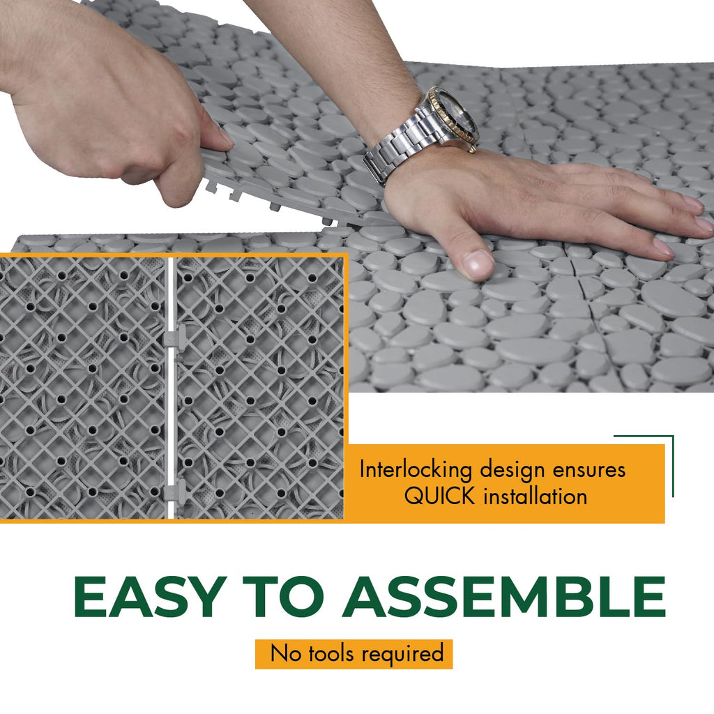 BEEFURNI Plastic Interlocking Cobbled Stone Tile (12PCS) 12" x 12", Patio Tiles Outdoor Waterproof Non Slip, Interlocking Drainage Tiles for Pool, Basement, Shower, Bathroom, Backyard, Garden (Gray)