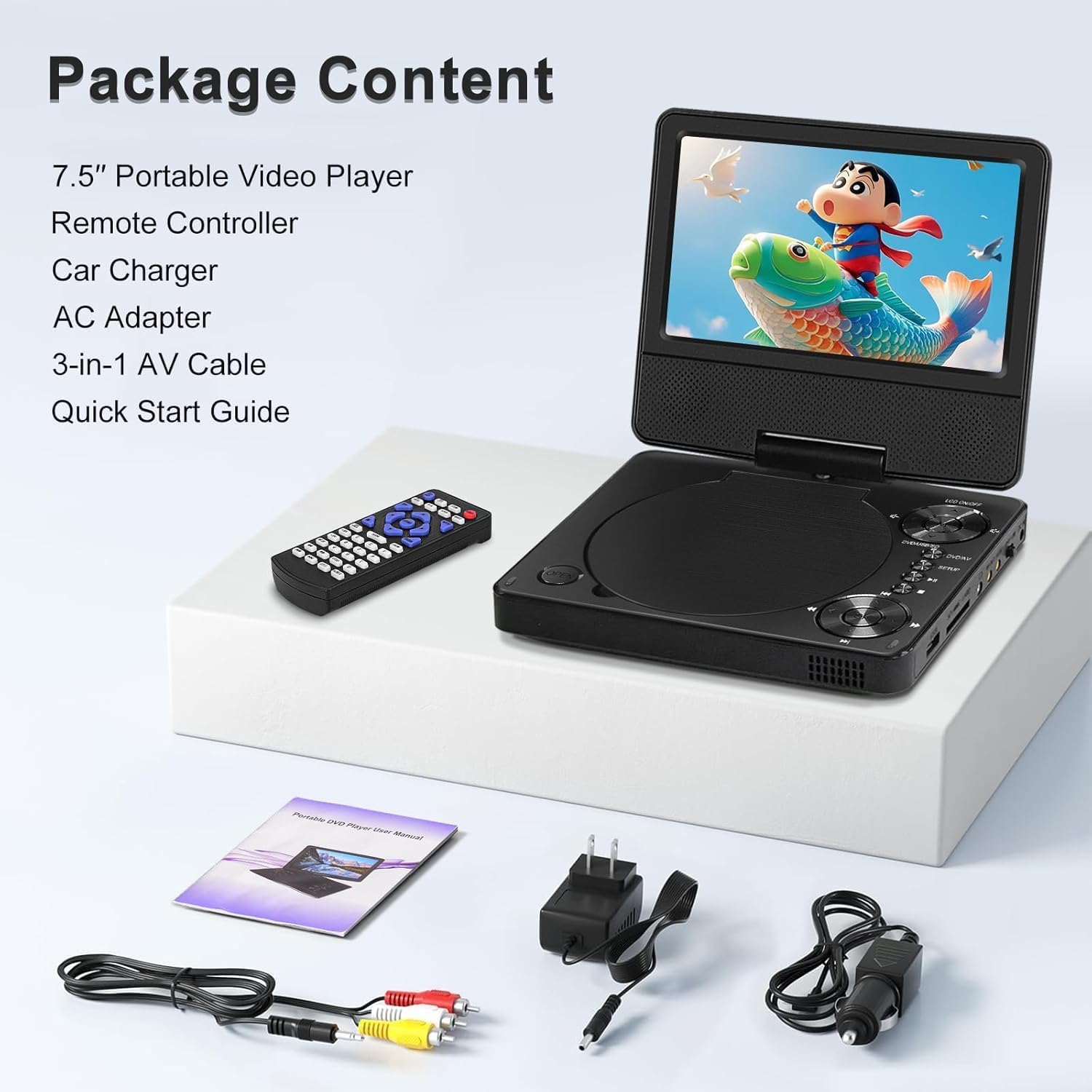 HOPYOP 9" Portable DVD Player for Kids and Car, 7" Swivel Screen with 4-6 Hours Built-in Battery, Car DVD Player with Dual Speakers, Support Sync Screen to TV, USB/SD/Multiple Disc Formats