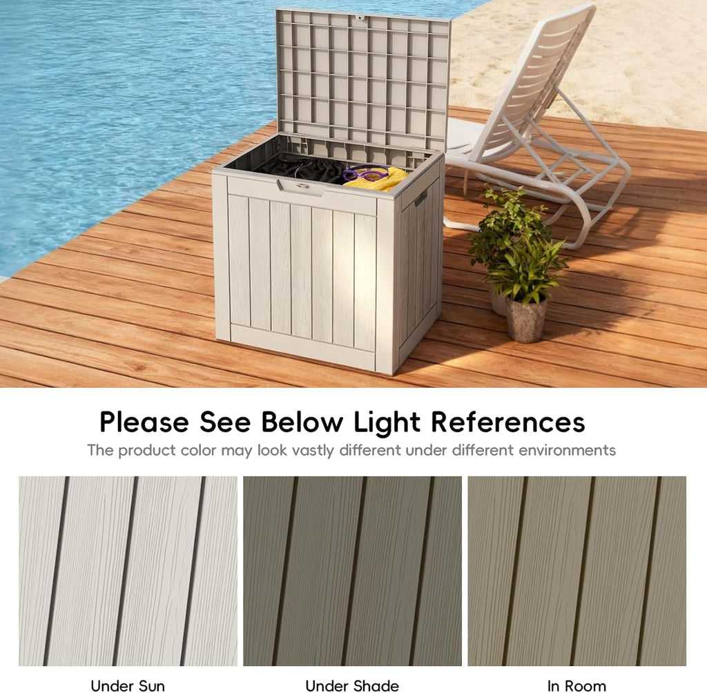Mars Villa 31 Gallon Deck Box, Waterproof Weatherproof and UV Resistant Resin Storage Bin with Lockable Lid, for Outdoor Patio Furniture Cushions, Pool Supplies, Garden Tools, Greige