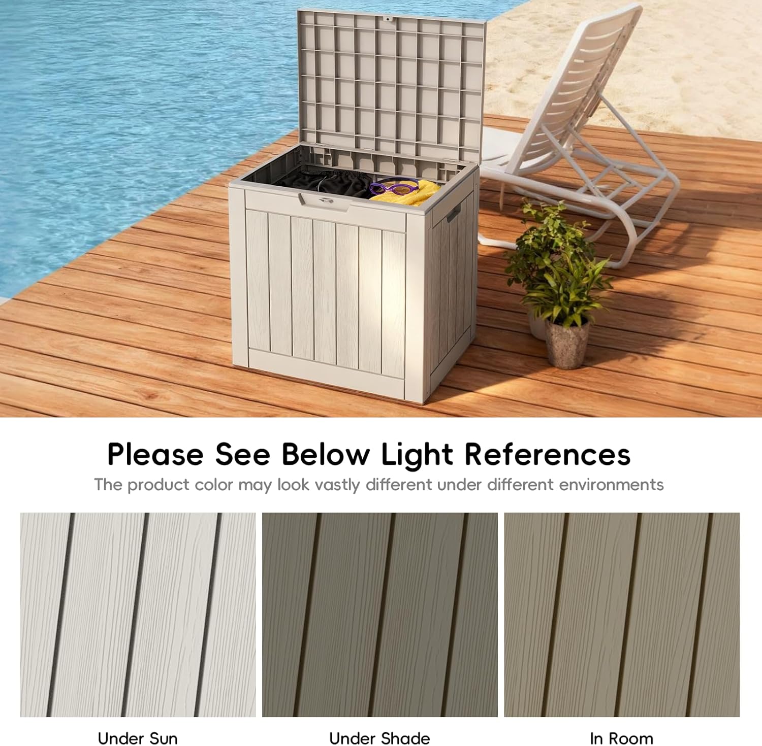 Mars Villa 31 Gallon Deck Box, Waterproof Weatherproof and UV Resistant Resin Storage Bin with Lockable Lid, for Outdoor Patio Furniture Cushions, Pool Supplies, Garden Tools, Greige