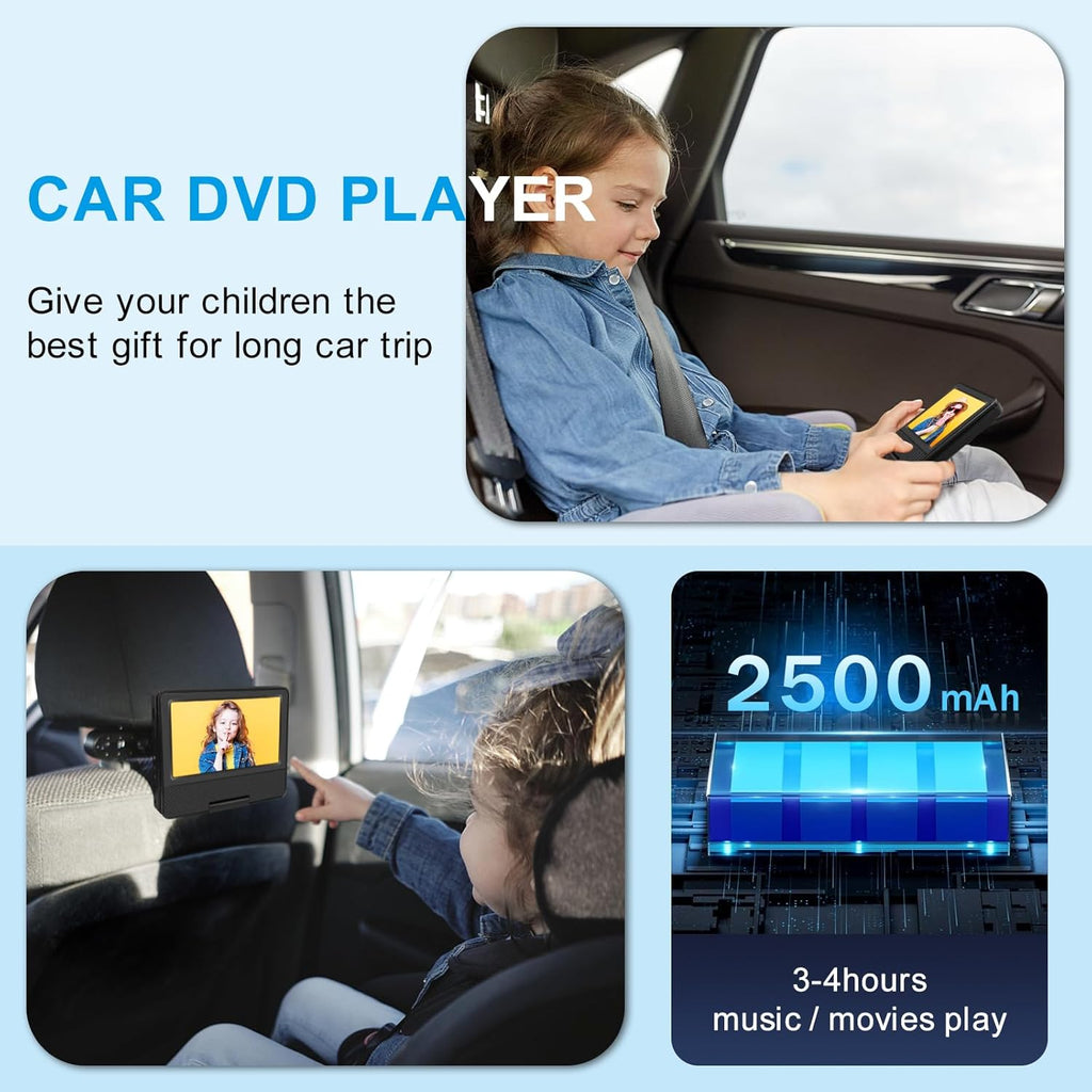 HOPYOP 9" Portable DVD Player for Kids and Car, 7" Swivel Screen with 4-6 Hours Built-in Battery, Car DVD Player with Dual Speakers, Support Sync Screen to TV, USB/SD/Multiple Disc Formats