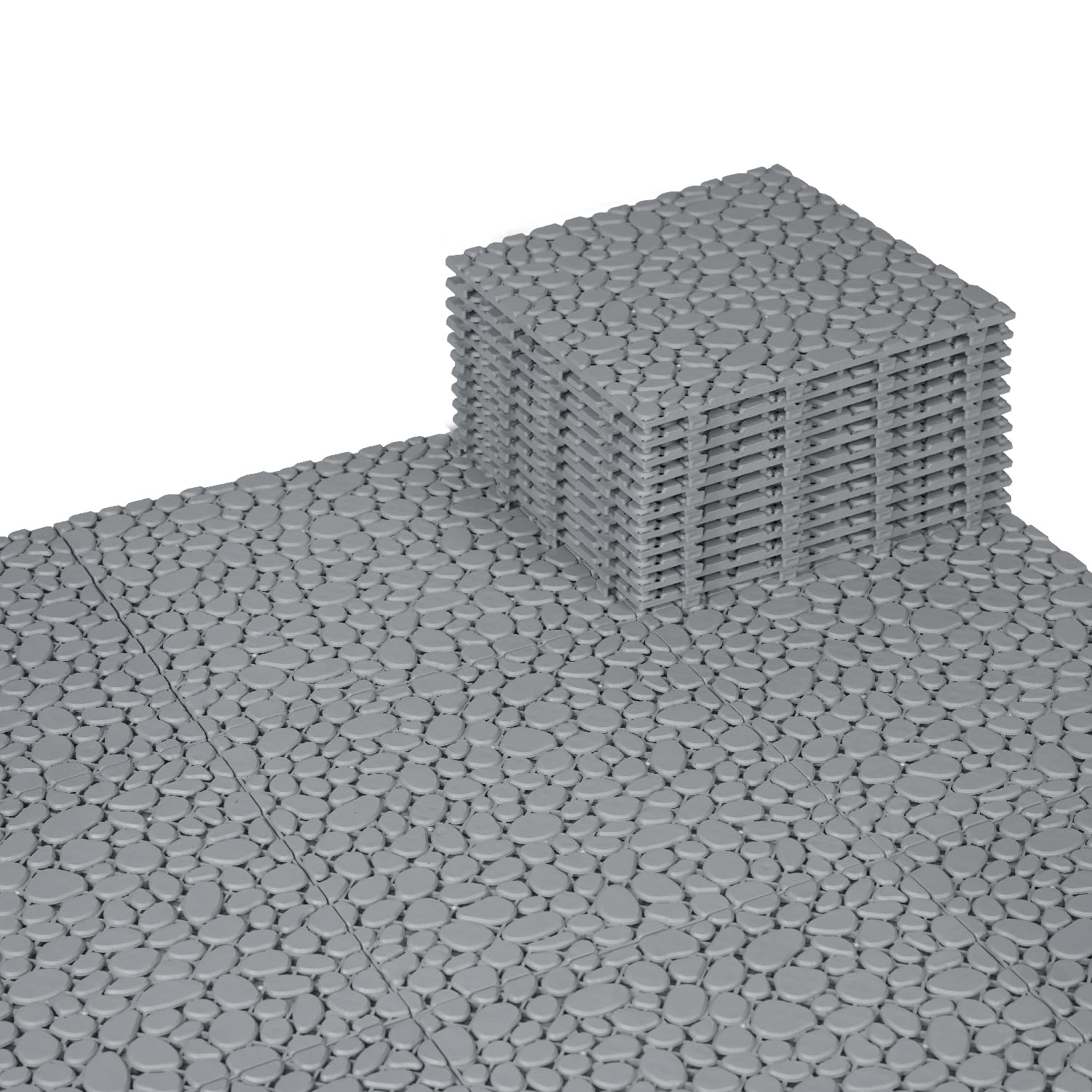 BEEFURNI Plastic Interlocking Cobbled Stone Tile (12PCS) 12" x 12", Patio Tiles Outdoor Waterproof Non Slip, Interlocking Drainage Tiles for Pool, Basement, Shower, Bathroom, Backyard, Garden (Gray)