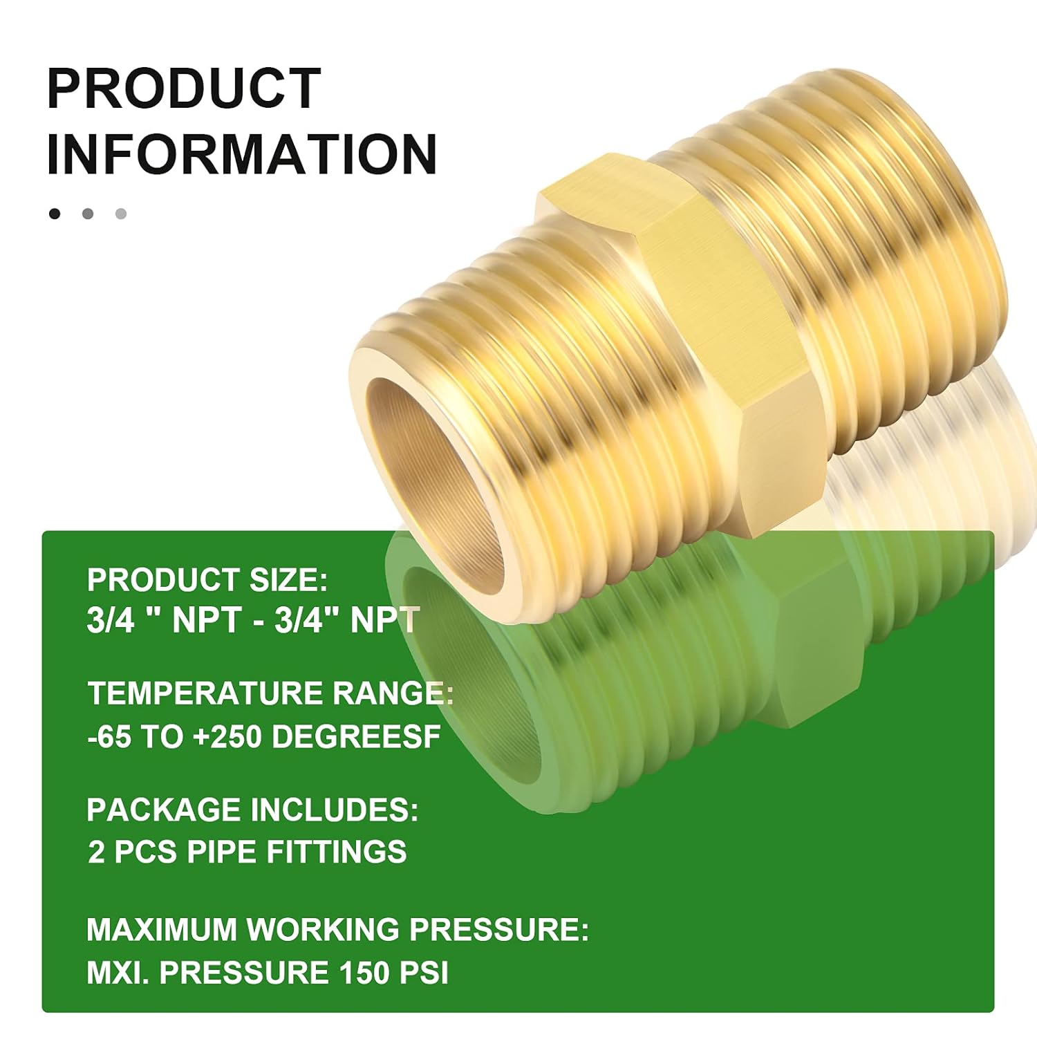 TAISHER 2PCS Brass Pipe Fitting, Reducer Adapter, Hex Nipple, 3/4-Inch Male Pipe x 3/4-Inch Male Pipe