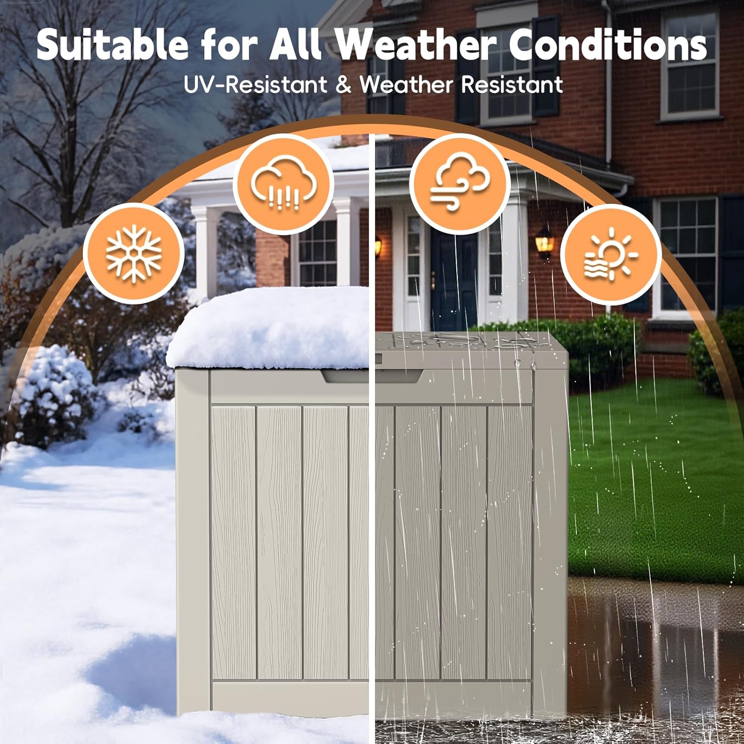 Mars Villa 31 Gallon Deck Box, Waterproof Weatherproof and UV Resistant Resin Storage Bin with Lockable Lid, for Outdoor Patio Furniture Cushions, Pool Supplies, Garden Tools, Greige