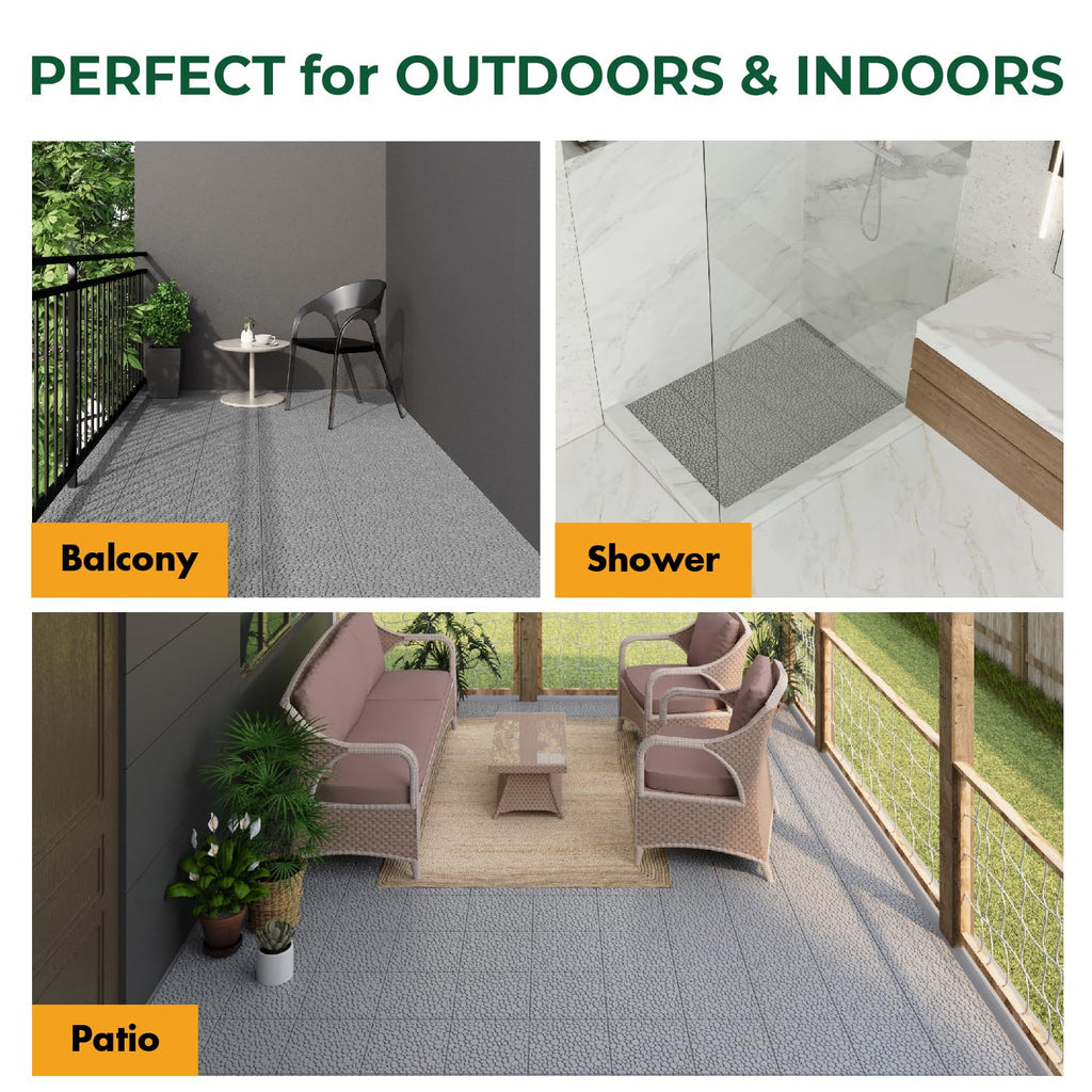 BEEFURNI Plastic Interlocking Cobbled Stone Tile (12PCS) 12" x 12", Patio Tiles Outdoor Waterproof Non Slip, Interlocking Drainage Tiles for Pool, Basement, Shower, Bathroom, Backyard, Garden (Gray)