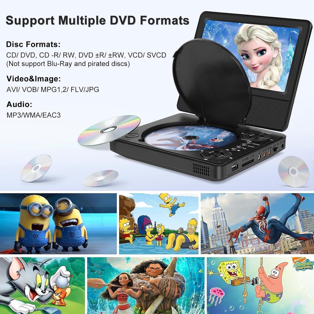 HOPYOP 9" Portable DVD Player for Kids and Car, 7" Swivel Screen with 4-6 Hours Built-in Battery, Car DVD Player with Dual Speakers, Support Sync Screen to TV, USB/SD/Multiple Disc Formats