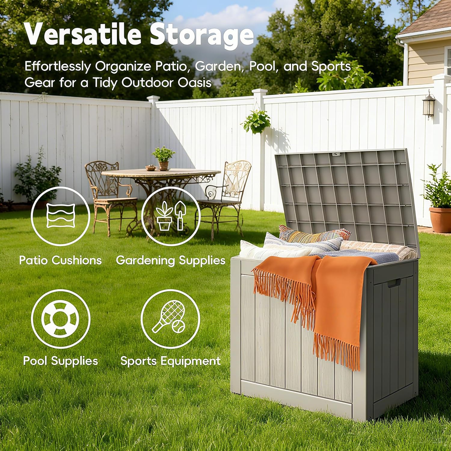 Mars Villa 31 Gallon Deck Box, Waterproof Weatherproof and UV Resistant Resin Storage Bin with Lockable Lid, for Outdoor Patio Furniture Cushions, Pool Supplies, Garden Tools, Greige