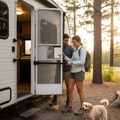 Safoner black aluminum screen door grab bar installed on an RV screen door