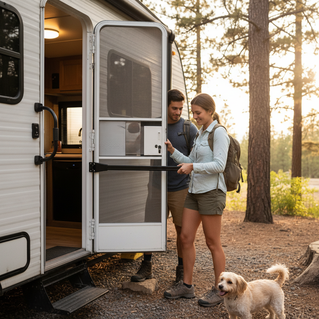Safoner black aluminum screen door grab bar installed on an RV screen door