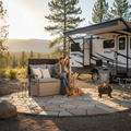 Suncast outdoor storage loveseat at a campsite