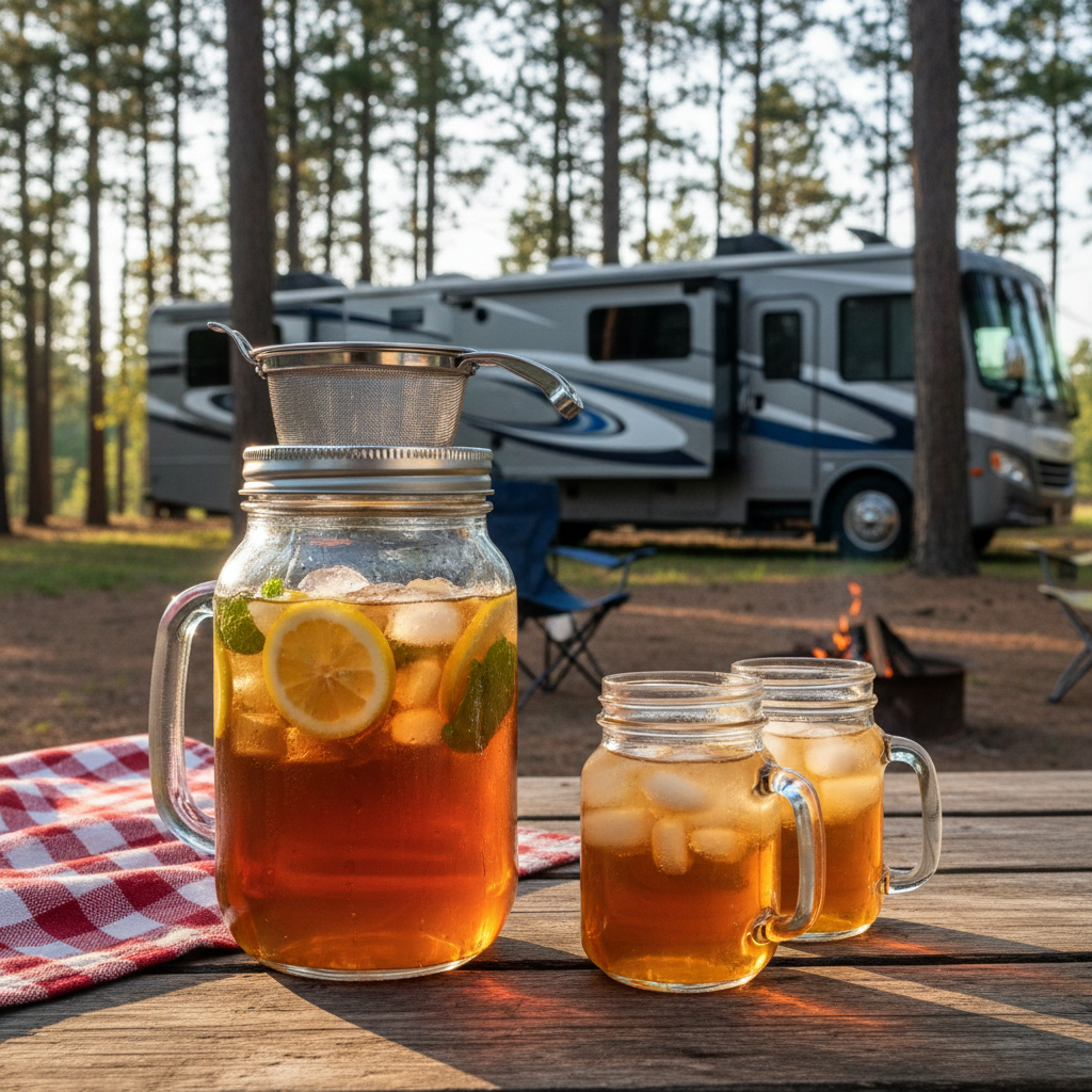 Glass mason jar pitcher with iced tea on a picnic table at a sunny campsite