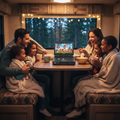 Portable DVD player with built-in screen showing a movie on RV dinette table