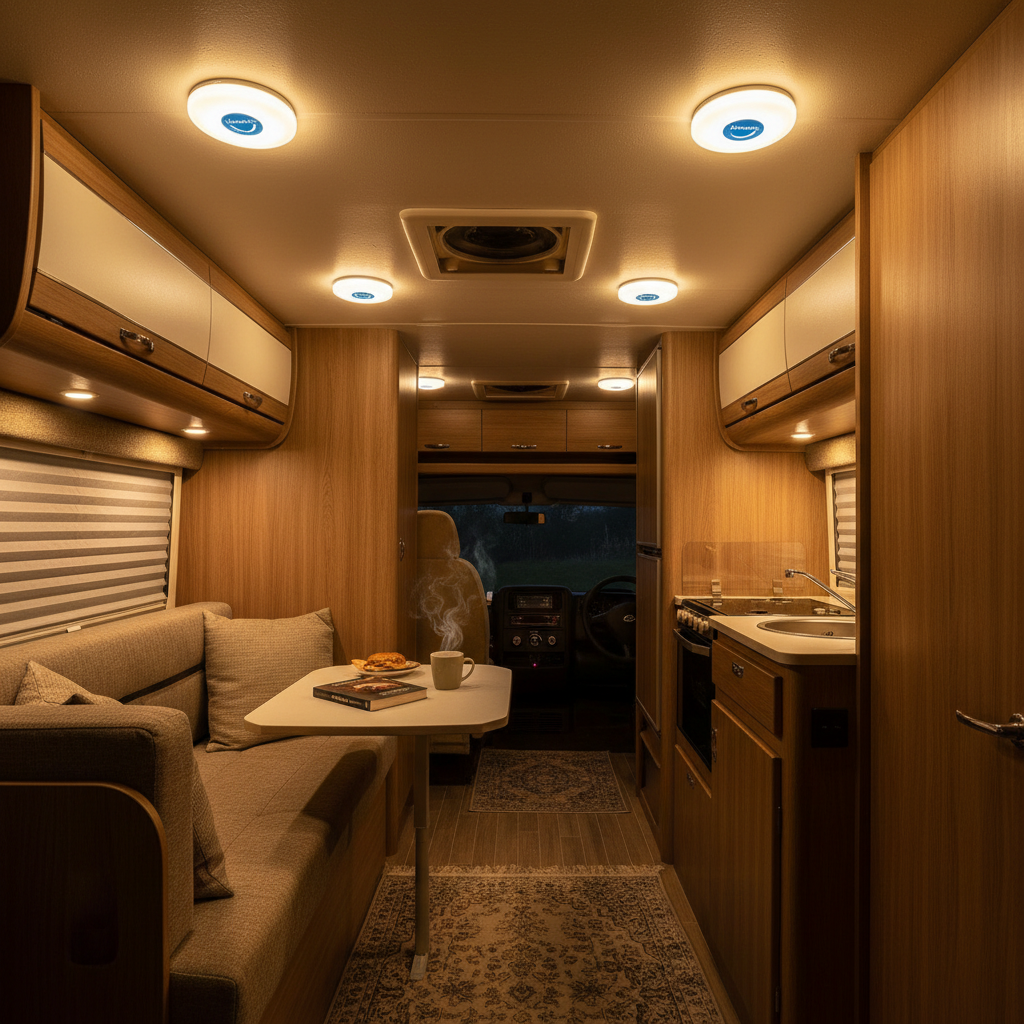BlueFire dimmable LED dome ceiling lights installed in an RV interior with warm ambient lighting