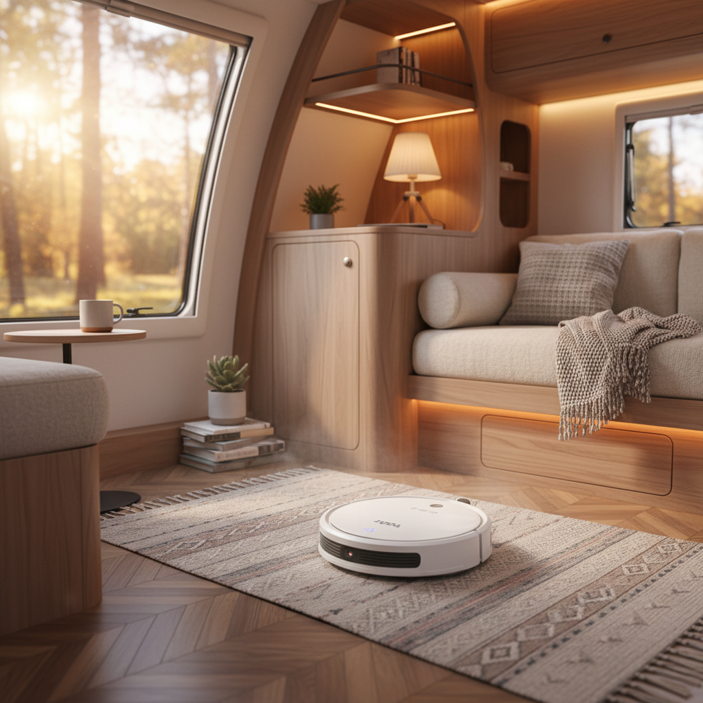 Tapo robot vacuum cleaning an RV interior floor