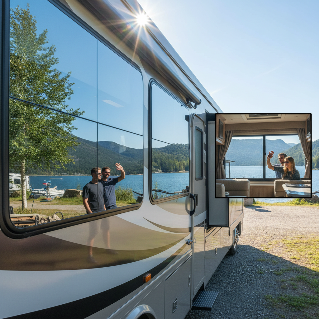 BDF mirror silver window film applied to RV windows showing daytime privacy effect