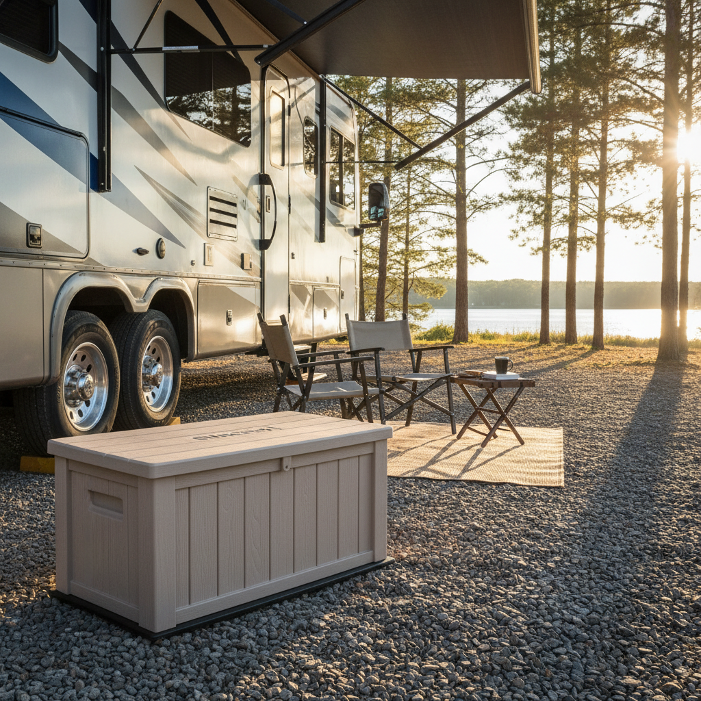 Suncast 3-foot deck box at an RV campsite