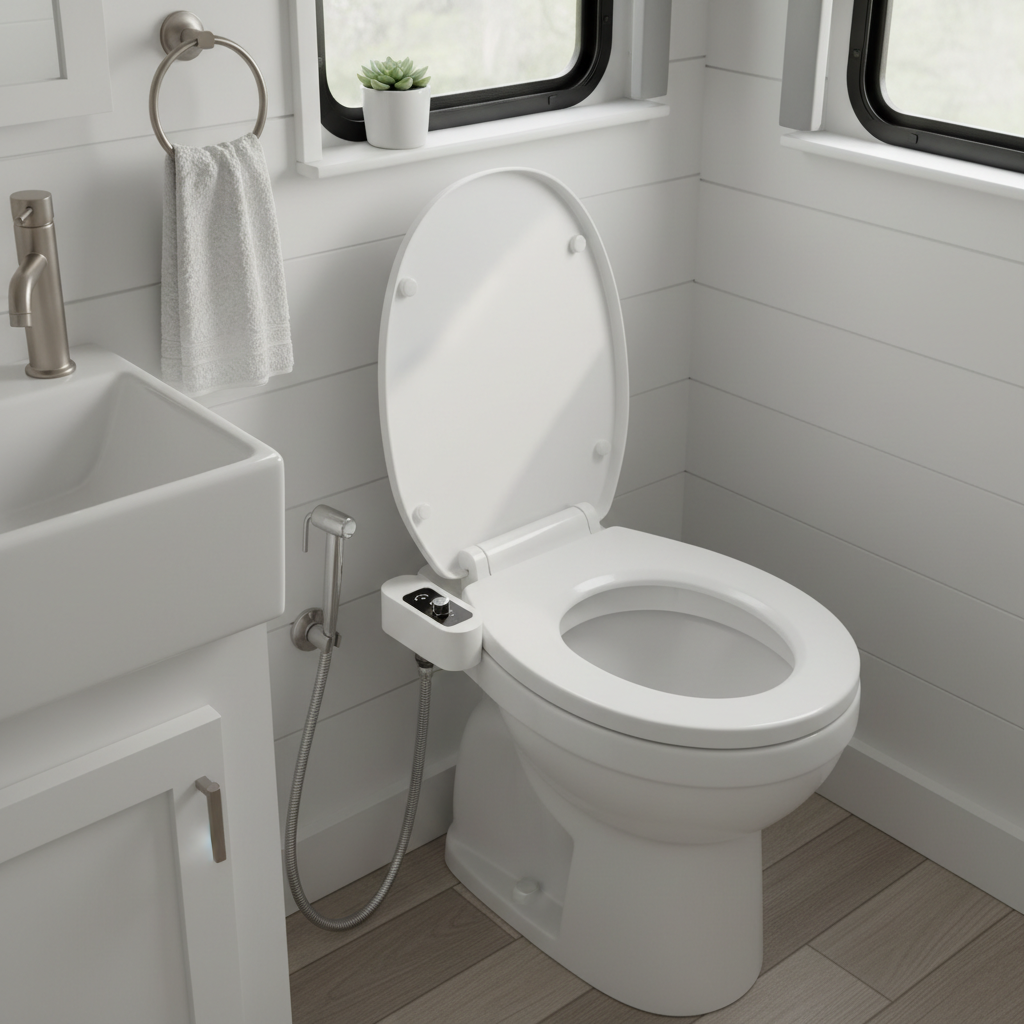 Clean Camper RV bidet attachment installed on an RV toilet