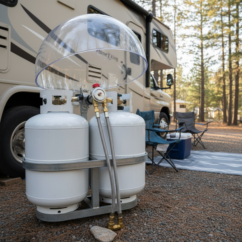 Flame King 2-stage auto changeover propane regulator with pigtail hoses on an RV