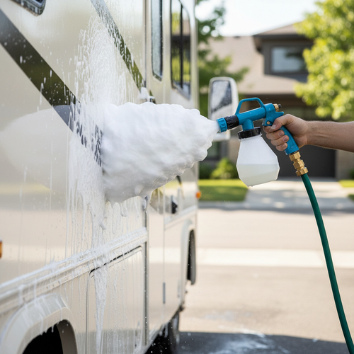 Car wash foam gun sprayer creating thick foam on RV exterior
