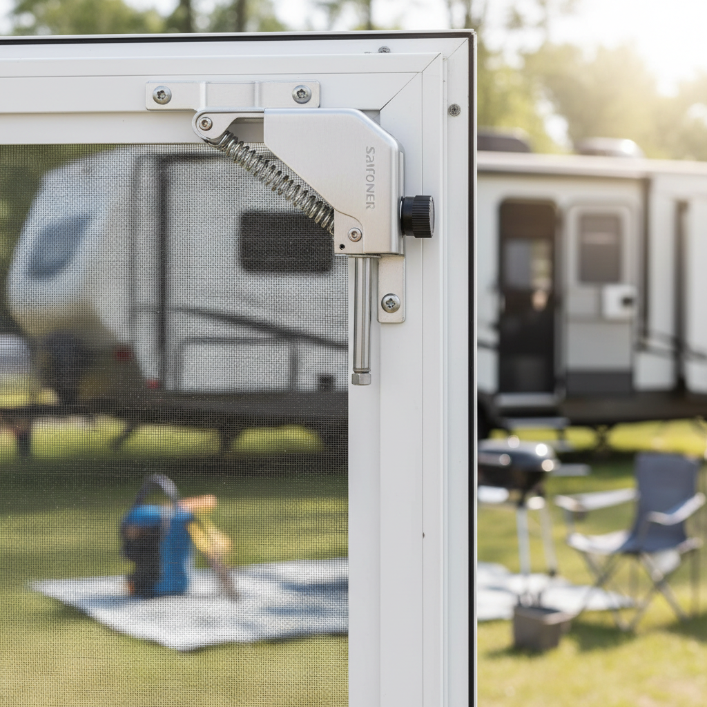 Safoner aluminum automatic RV screen door closer installed on a camper screen door