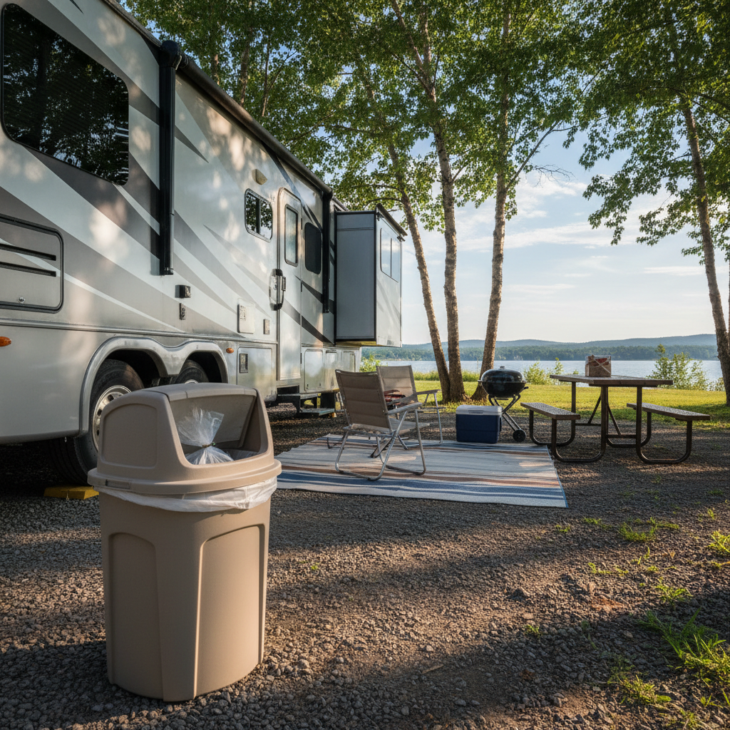 Suncast outdoor trash can at an RV campsite