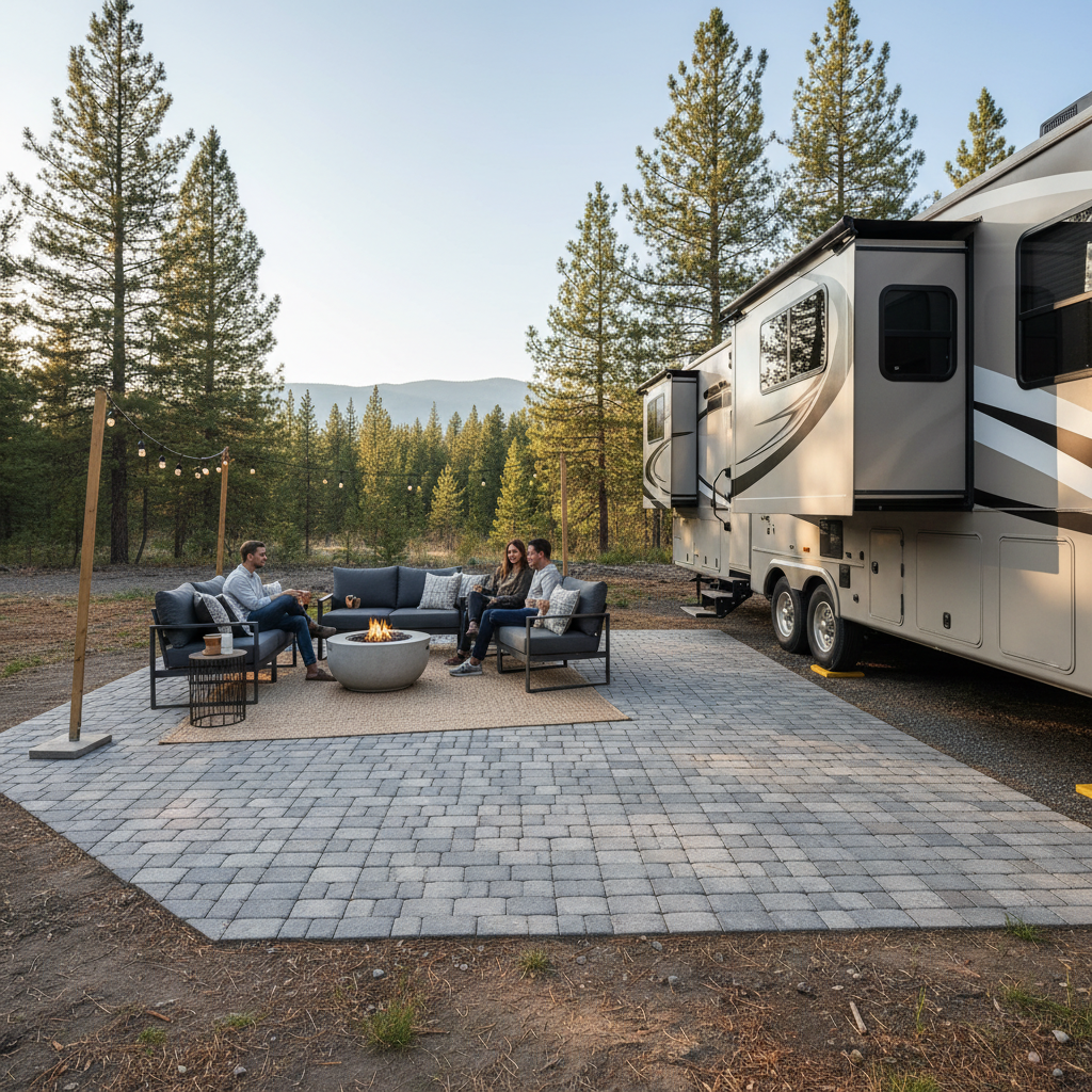 Gray BEEFURNI interlocking cobblestone patio tiles laid out at an RV campsite
