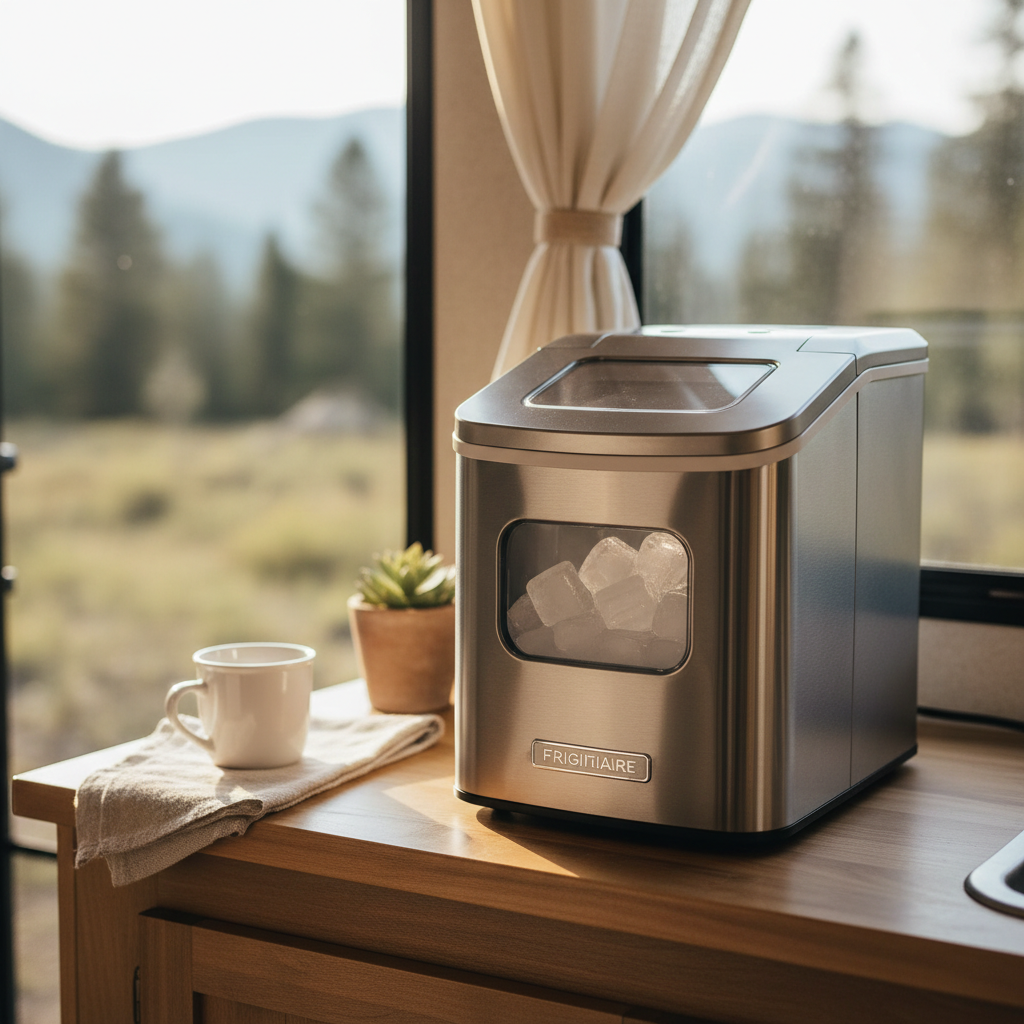 Frigidaire countertop ice maker on an RV kitchen counter